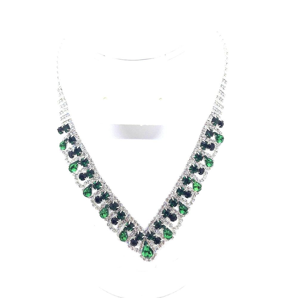 Green and Clear Rhinestone V Shape Necklace Siver Tone